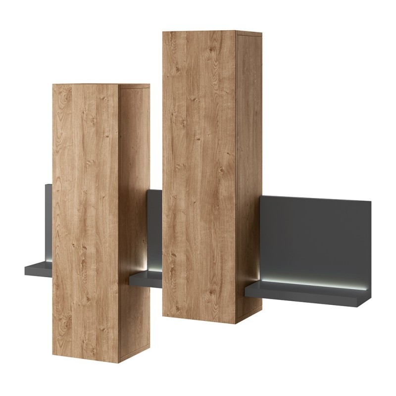 Composition murale avec LED. Coloris chêne et gris. Collection BERGAME.