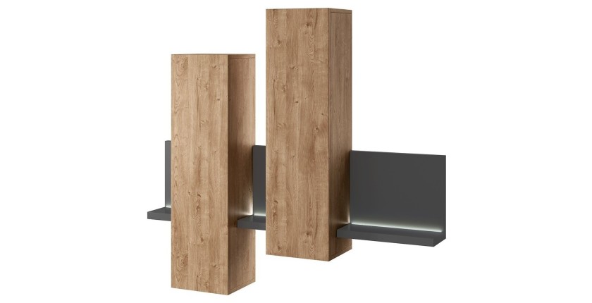 Composition murale avec LED. Coloris chêne et gris. Collection BERGAME.