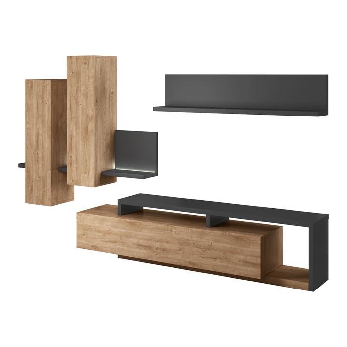 Ensemble meubles de salon avec LED collection BERGAME. Coloris chêne et gris.