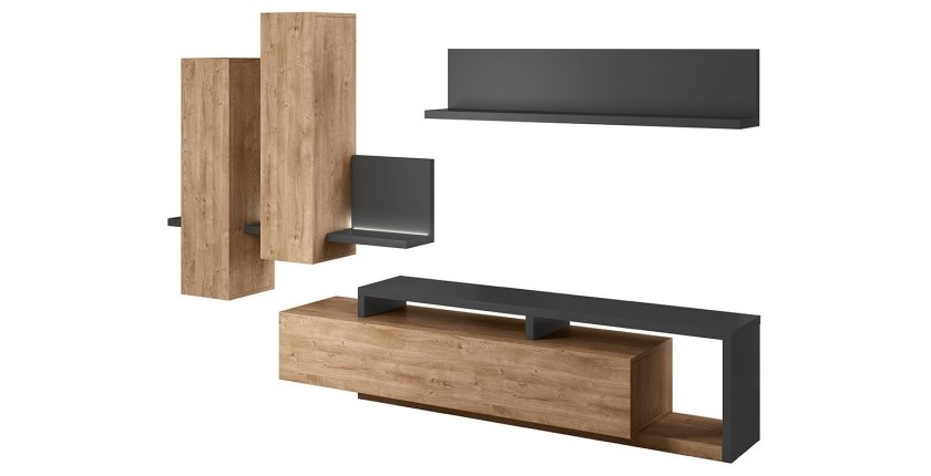 Ensemble meubles de salon avec LED collection BERGAME. Coloris chêne et gris.