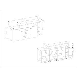 Buffet avec étagère intégrée collection BERGAME 180cm. Coloris chêne et gris.