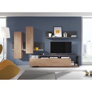 Meuble TV 220cm collection BERGAME. Coloris chêne et gris anthracite.