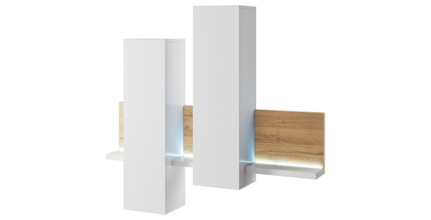 Composition murale avec LED. Coloris chêne et blanc. Collection BERGAME.