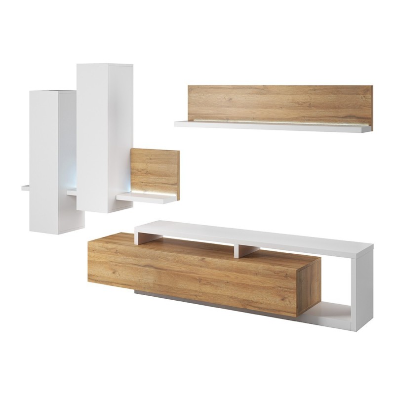Ensemble meubles de salon avec LED collection BERGAME. Coloris chêne et blanc.