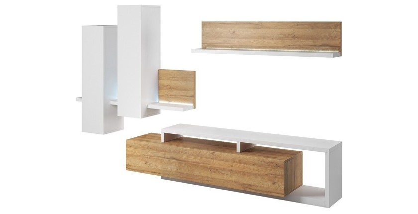 Ensemble meubles de salon avec LED collection BERGAME. Coloris chêne et blanc.