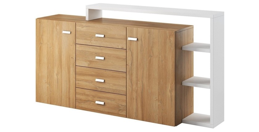Buffet avec étagère intégrée collection BERGAME 180cm. Coloris chêne et blanc.