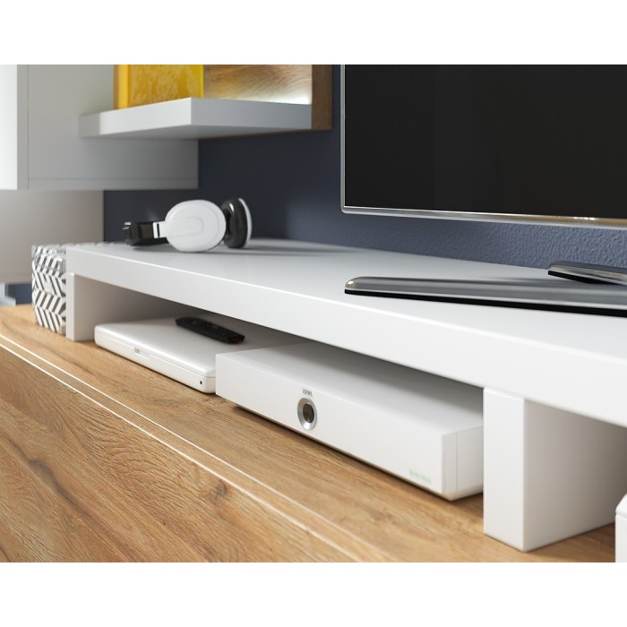 Meuble TV 220cm collection BERGAME. Coloris chêne et blanc.