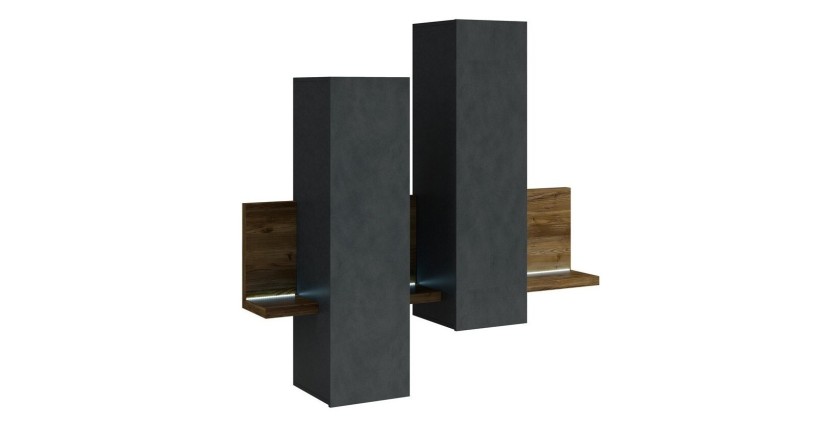 Composition murale avec LED. Coloris gris et chêne foncé. Collection BERGAME.