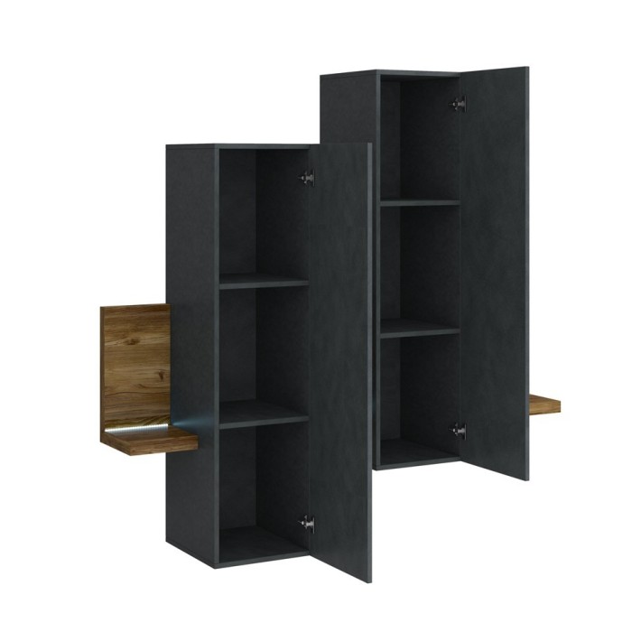 Composition murale avec LED. Coloris gris et chêne foncé. Collection BERGAME.