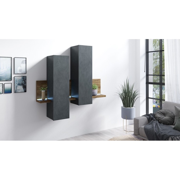 Composition murale avec LED. Coloris gris et chêne foncé. Collection BERGAME.