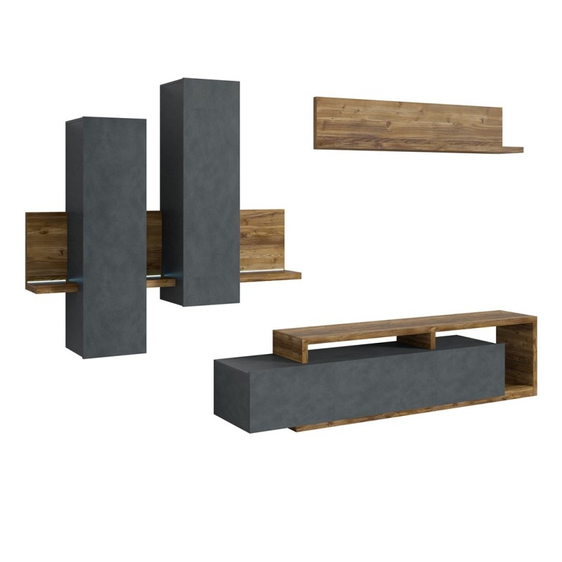 Ensemble meubles de salon avec LED collection BERGAME. Coloris gris et chêne foncé.