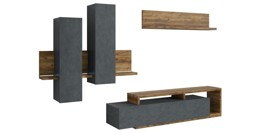 Ensemble meubles de salon avec LED collection BERGAME. Coloris gris et chêne foncé.