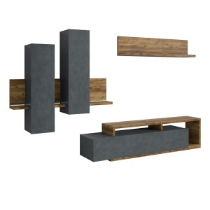 Ensemble meubles de salon avec LED collection BERGAME. Coloris gris et chêne foncé.