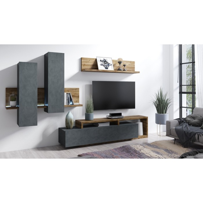 Ensemble meubles de salon avec LED collection BERGAME. Coloris gris et chêne foncé.