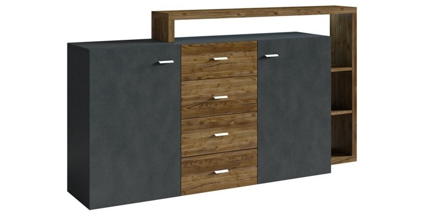 Buffet avec étagère intégrée collection BERGAME 180cm. Coloris gris et chêne foncé.