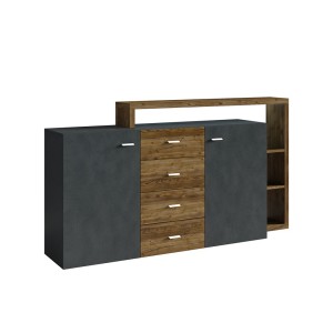 Buffet avec étagère intégrée collection BERGAME 180cm. Coloris gris et chêne foncé.