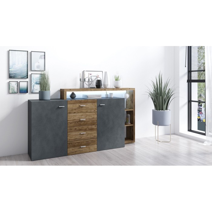 Buffet avec étagère intégrée collection BERGAME 180cm. Coloris gris et chêne foncé.