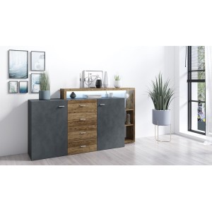 Buffet avec étagère intégrée collection BERGAME 180cm. Coloris gris et chêne foncé.