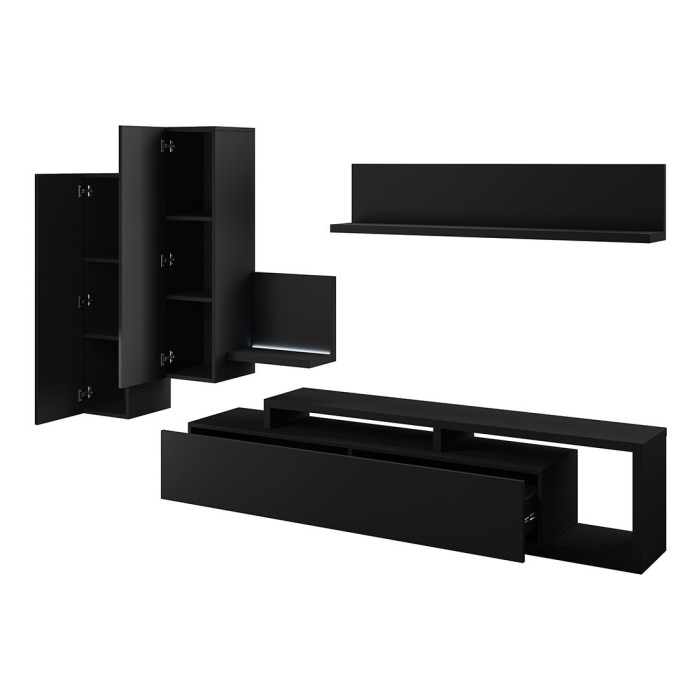 Ensemble meubles de salon avec LED collection BERGAME. Coloris noir super mat.
