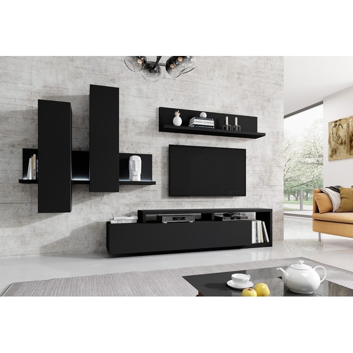 Ensemble meubles de salon avec LED collection BERGAME. Coloris noir super mat.