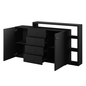 Buffet avec étagère intégrée collection BERGAME 180cm. Coloris noir super mat.