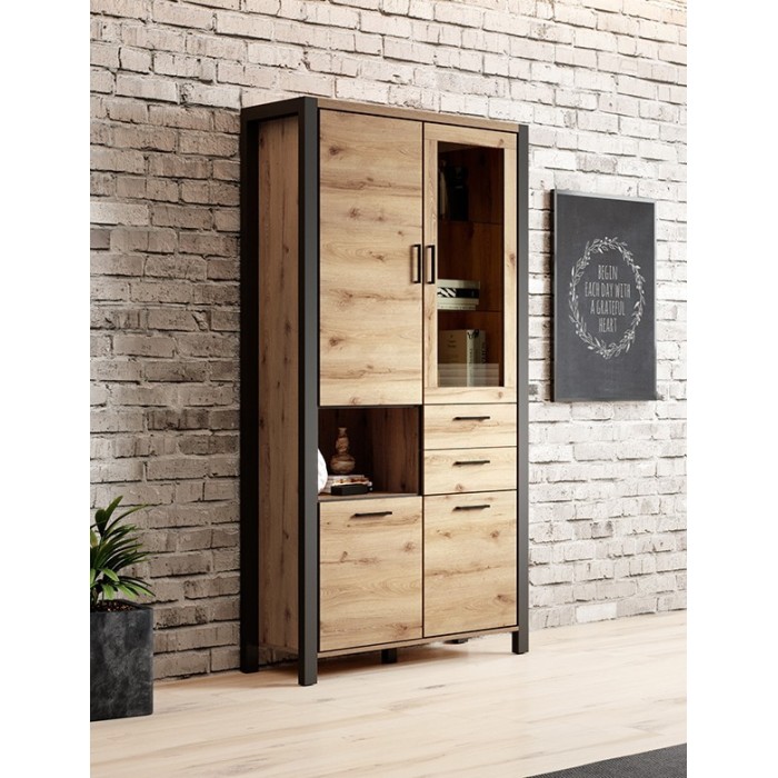 Vitrine haute XL collection BOWIE. Couleur chêne et noir. LED incluses