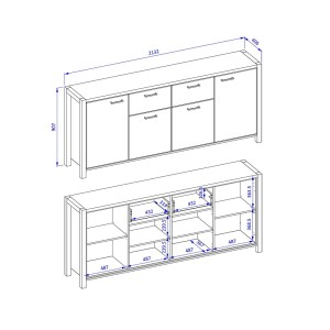 Buffet 210cm collection BOWIE 4 portes, 2 tiroirs. Couleur chêne et noir
