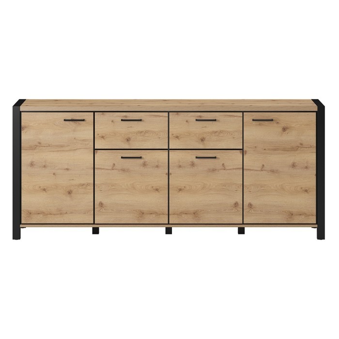 Buffet 210cm collection BOWIE 4 portes, 2 tiroirs. Couleur chêne et noir