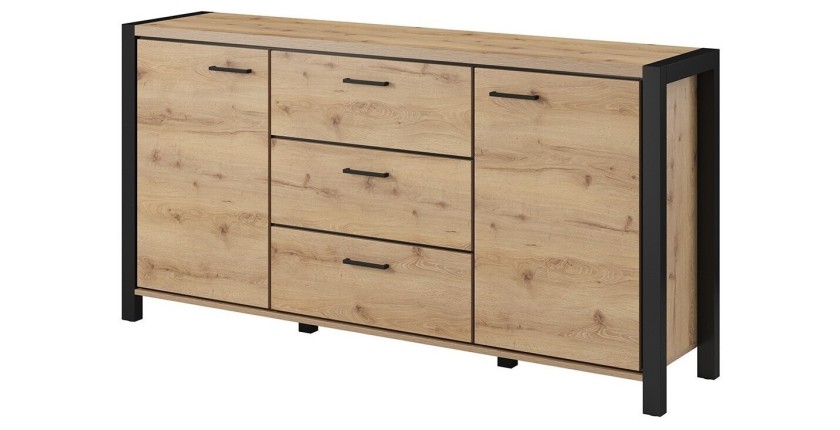 Buffet 180cm collection BOWIE 2 portes, 3 tiroirs. Couleur chêne et noir