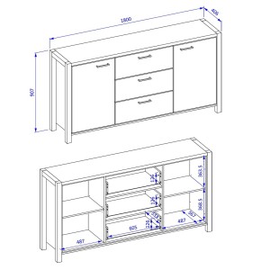 Buffet 180cm collection BOWIE 2 portes, 3 tiroirs. Couleur chêne et noir