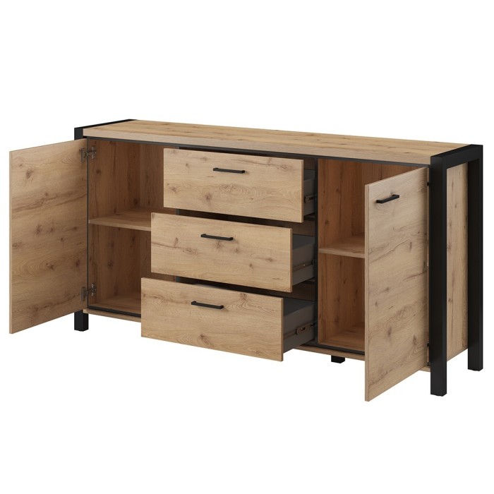 Buffet 180cm collection BOWIE 2 portes, 3 tiroirs. Couleur chêne et noir