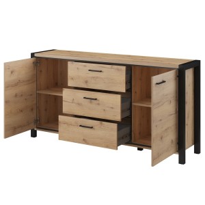 Buffet 180cm collection BOWIE 2 portes, 3 tiroirs. Couleur chêne et noir