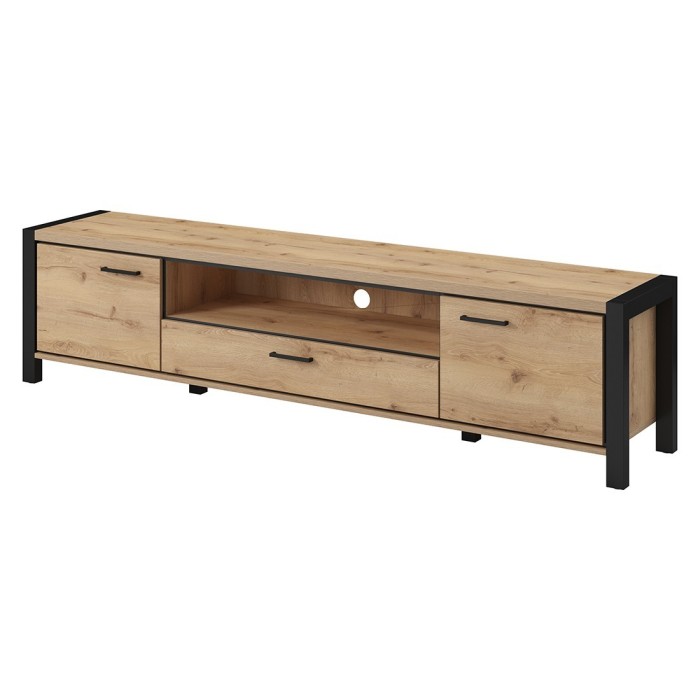 Meuble TV XL 210cm collection BOWIE. Couleur chêne et noir. 2 portes et 1 tiroir.