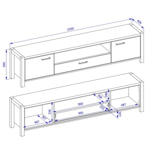 Meuble TV XL 210cm collection BOWIE. Couleur chêne et noir. 2 portes et 1 tiroir.
