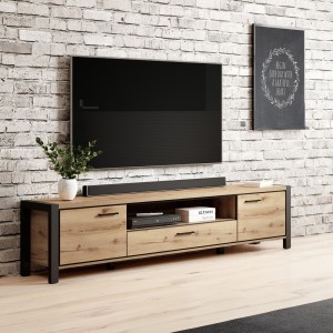 Meuble TV XL 210cm collection BOWIE. Couleur chêne et noir. 2 portes et 1 tiroir.