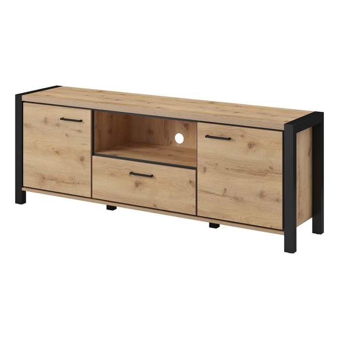 Meuble TV 180cm collection BOWIE. Couleur chêne et noir. 2 portes et 1 tiroir.