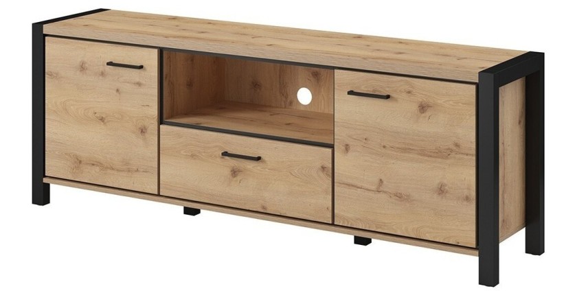 Meuble TV 180cm collection BOWIE. Couleur chêne et noir. 2 portes et 1 tiroir.