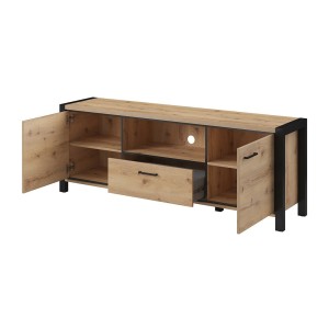 Meuble TV 180cm collection BOWIE. Couleur chêne et noir. 2 portes et 1 tiroir.