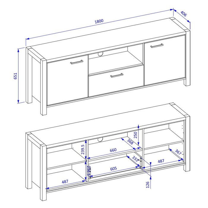 Meuble TV 180cm collection BOWIE. Couleur chêne et noir. 2 portes et 1 tiroir.