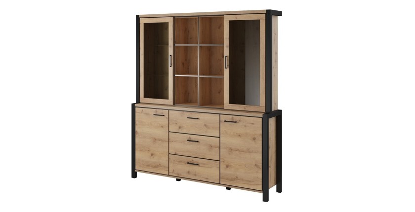 Ensemble buffet et huche avec éclairage LED collection BOWIE. Meuble 4 portes, 3 tiroirs. Couleur chêne et noir