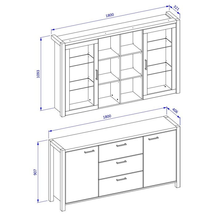 Ensemble buffet et huche avec éclairage LED collection BOWIE. Meuble 4 portes, 3 tiroirs. Couleur chêne et noir