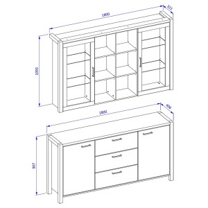 Ensemble buffet et huche avec éclairage LED collection BOWIE. Meuble 4 portes, 3 tiroirs. Couleur chêne et noir
