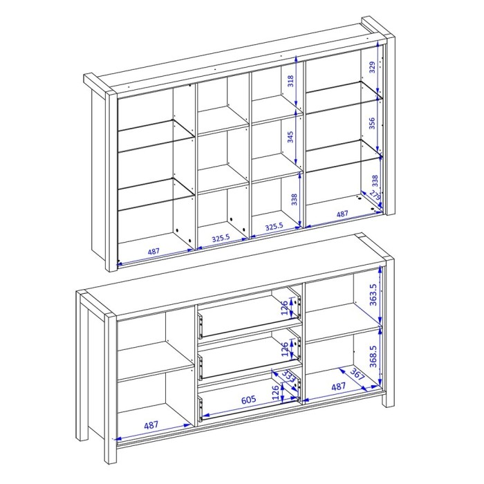 Ensemble buffet et huche avec éclairage LED collection BOWIE. Meuble 4 portes, 3 tiroirs. Couleur chêne et noir