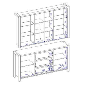 Ensemble buffet et huche avec éclairage LED collection BOWIE. Meuble 4 portes, 3 tiroirs. Couleur chêne et noir