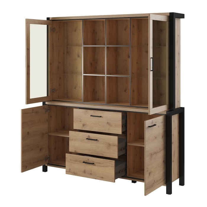 Ensemble buffet et huche avec éclairage LED collection BOWIE. Meuble 4 portes, 3 tiroirs. Couleur chêne et noir