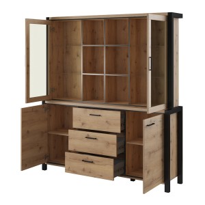 Ensemble buffet et huche avec éclairage LED collection BOWIE. Meuble 4 portes, 3 tiroirs. Couleur chêne et noir