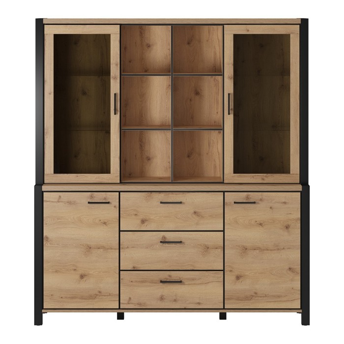 Ensemble buffet et huche avec éclairage LED collection BOWIE. Meuble 4 portes, 3 tiroirs. Couleur chêne et noir