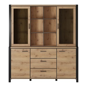 Ensemble buffet et huche avec éclairage LED collection BOWIE. Meuble 4 portes, 3 tiroirs. Couleur chêne et noir