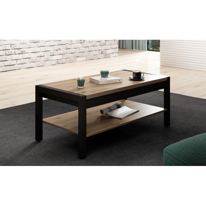 Table basse couleur chêne et noir collection BOWIE avec plateau intermédiaire de rangement.