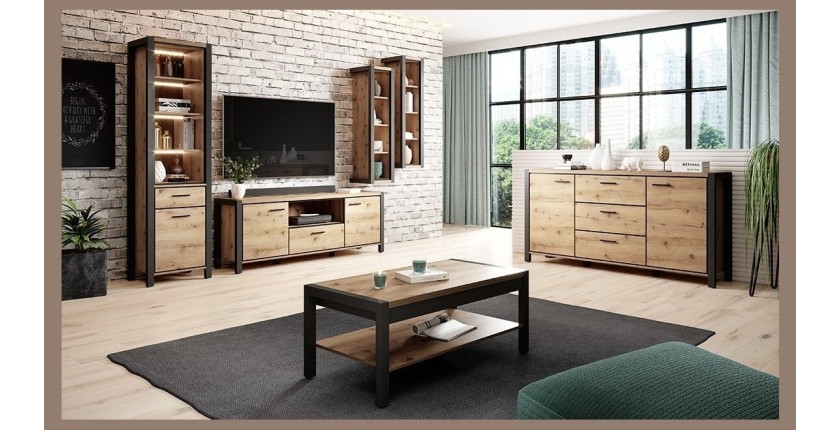 Ensemble de 6 meubles de salon collection BOWIE. Couleur chêne et noir.